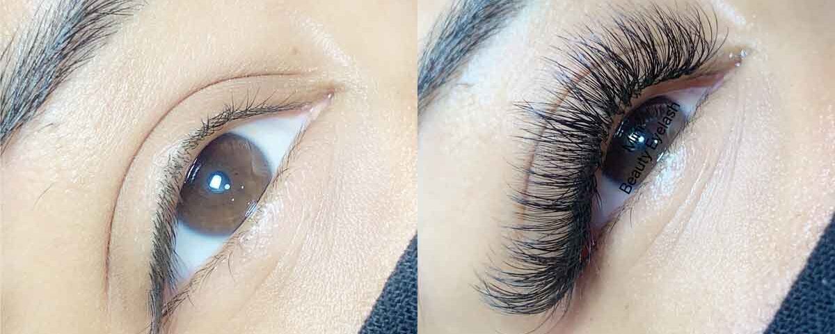 comparison photo of a client's lashes after receiving hybrid eyelash extensions applied by Mini Beauty Eyelash in Los Angeles County and Orange County.